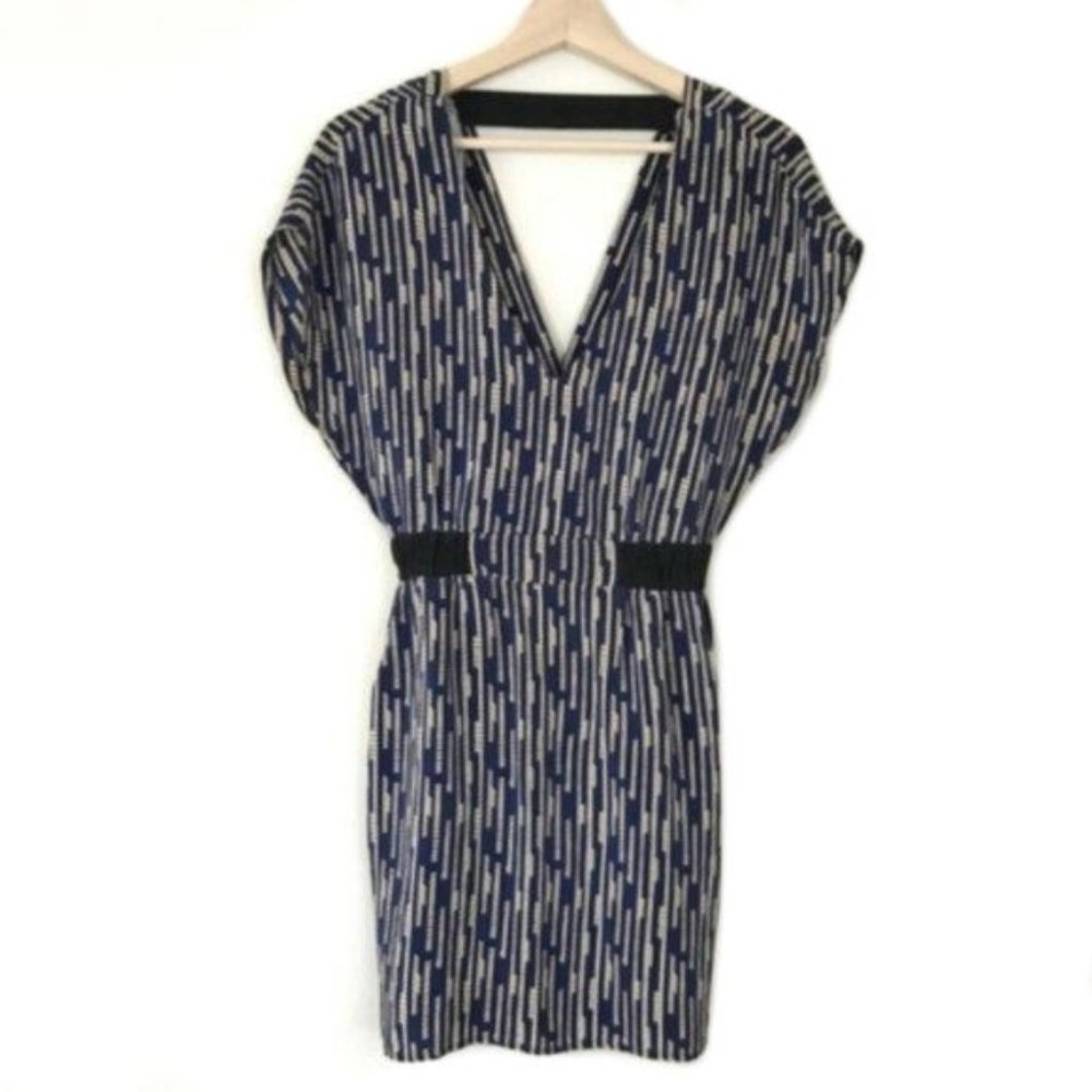 Myne Ashley Ann V-Neck Blue Silk Dress w/ Pocket; Size Small
